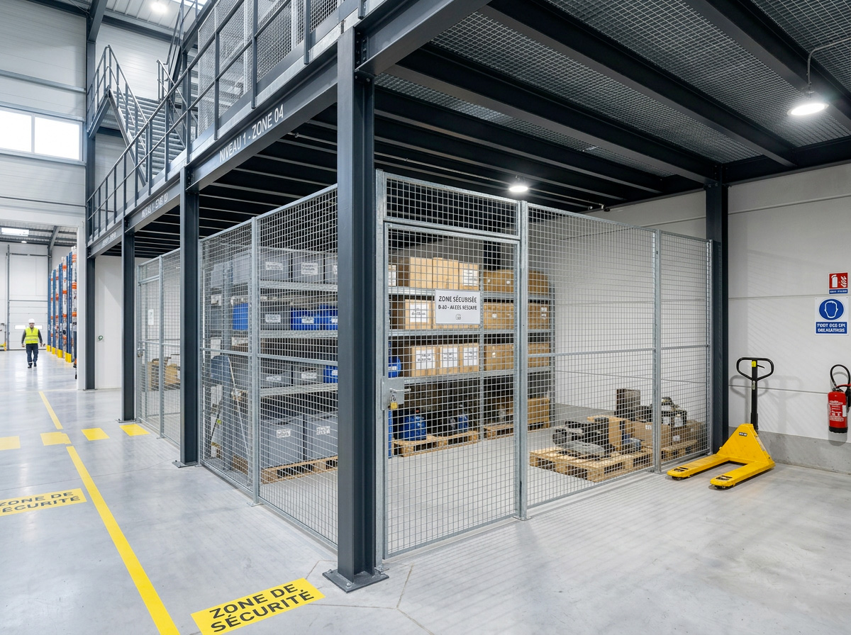 cloisons industrielles grillagées sous plateforme de stockage