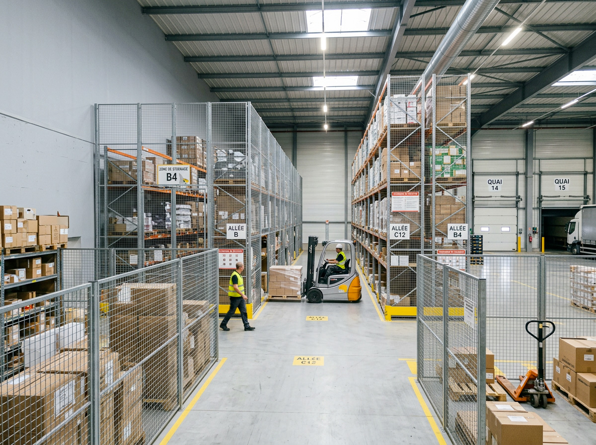 organiser un entrepôt industriel avec des cloisons grillagées
