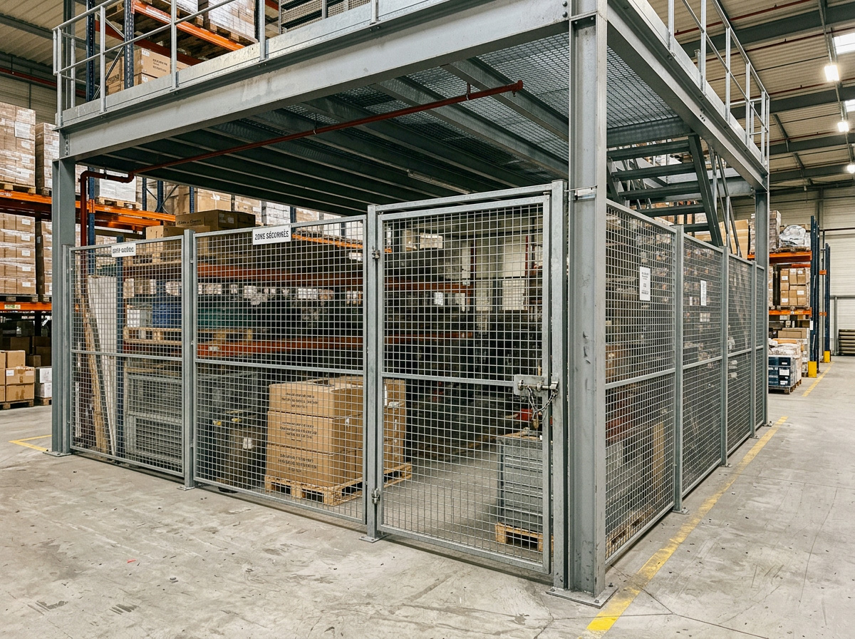 cloisons grillagées avec accès réservé dans entrepôt industriel