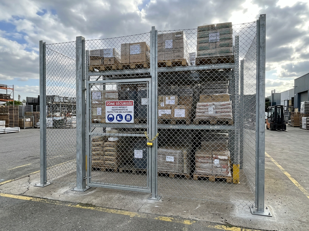 cloison industrielle grillagée pour sécuriser un espace de stockage avec rayonnage à palettes