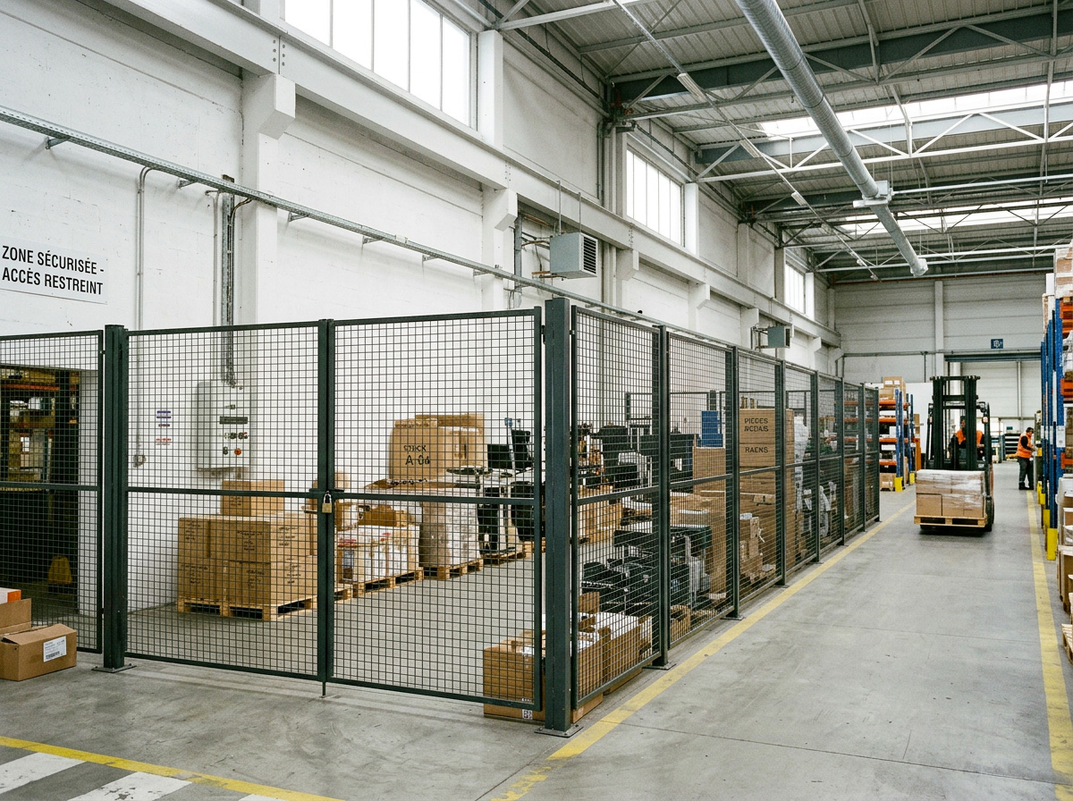 sécurité entrepôt industriel, pose de cloisons industrielles grillagées