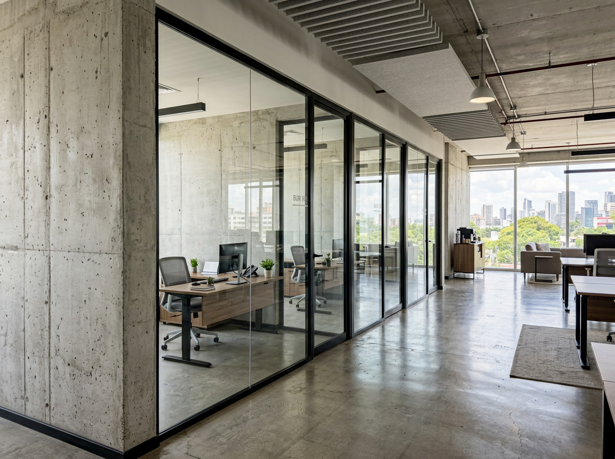 bureaux-cloisons-vitrees-murs-beton aménagement de bureaux professionnels avec des cloisons vitrées